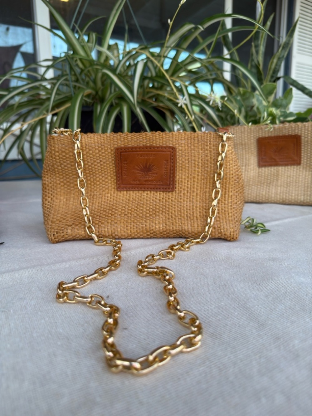 Woven Straw Crossbody Bag with Gold Chain - Tan